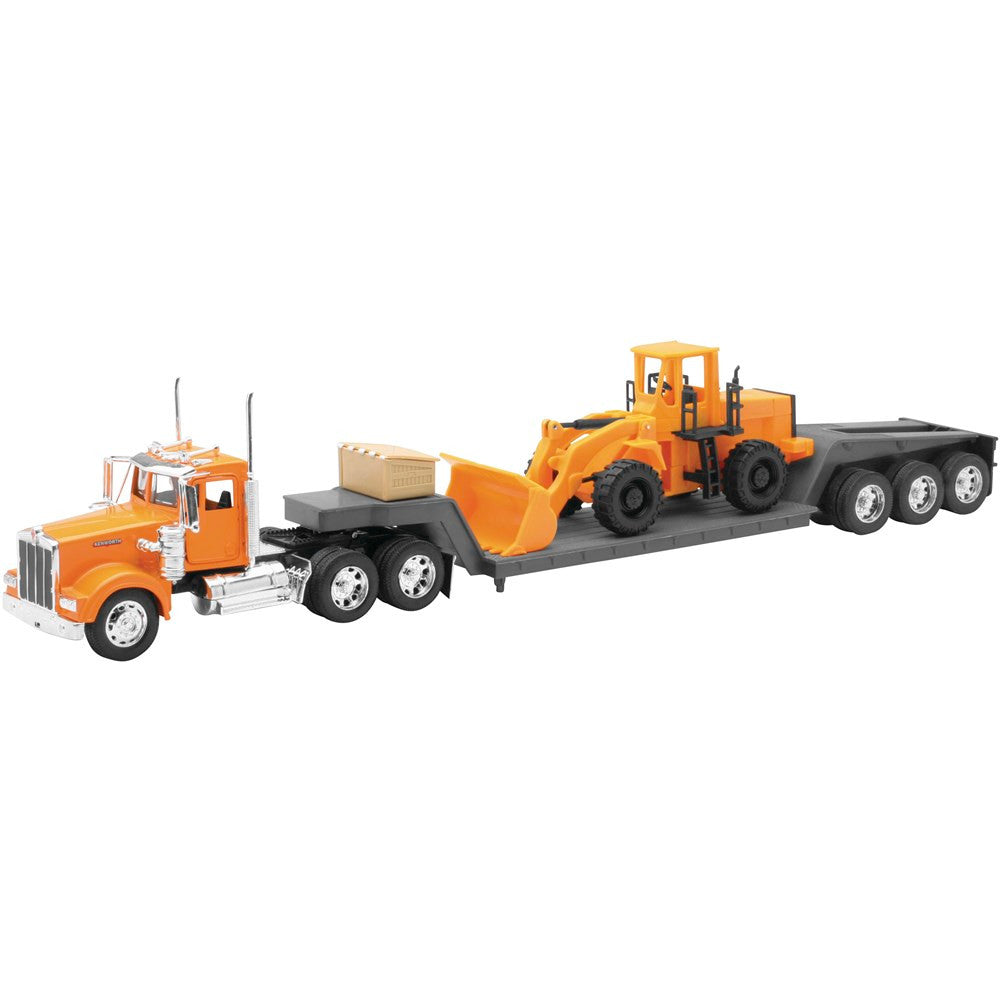 New Ray Toys 1:32 Scale Kenworth W900 Lowboy with Construction Wheel Loader