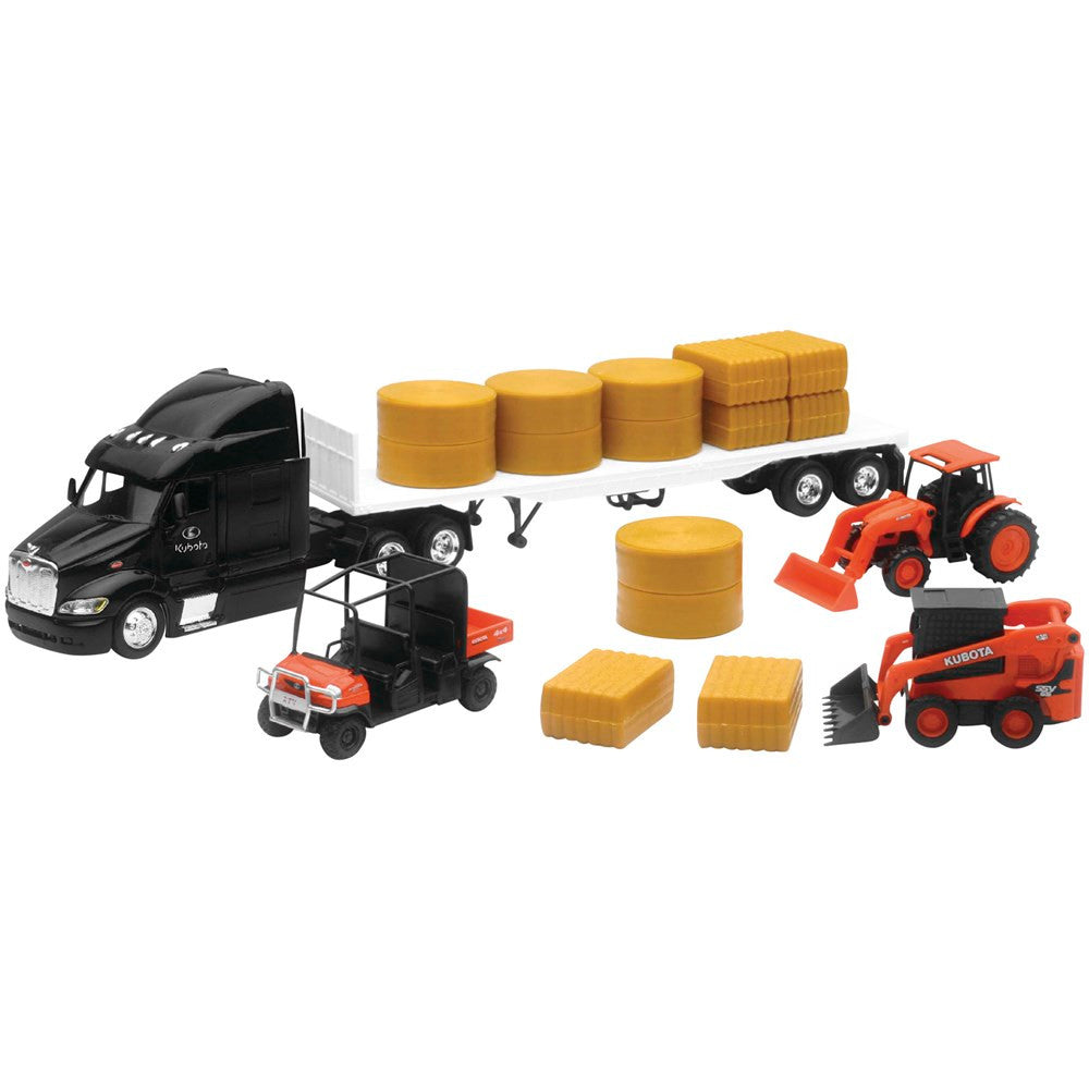 New Ray Toys 1:43 Scale Kubota Farm Vehicles with Peterbilt 387 Flatbed Truck Set