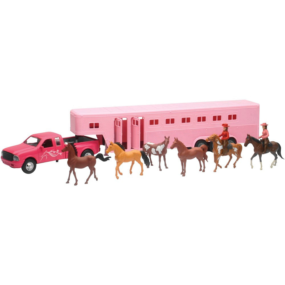 New Ray Toys Pink Pickup with Fifth Wheel Horse Trailer Set
