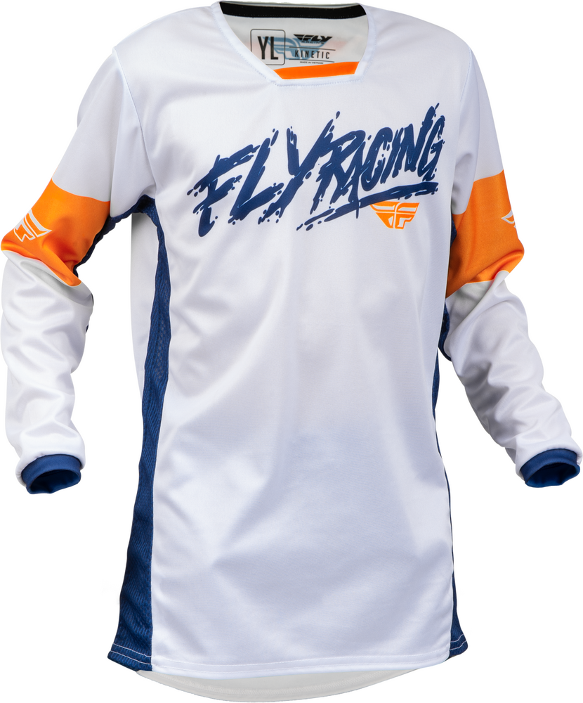 FLY Racing 2023 Youth Kinetic Khaos Jersey White/Navy/Orange