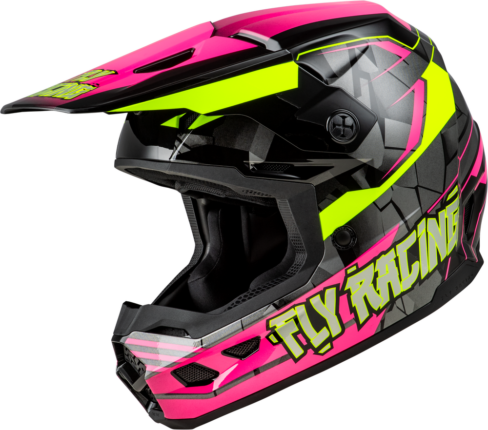 FLY Racing 2025 Youth Kinetic Scorched Helmet Neon Pink/Hi-Vis/Black