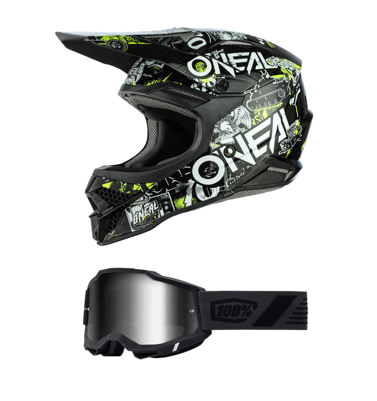 O'Neal 2024 3 Series Attack Helmet and Goggle Combo Black/Neon Yellow