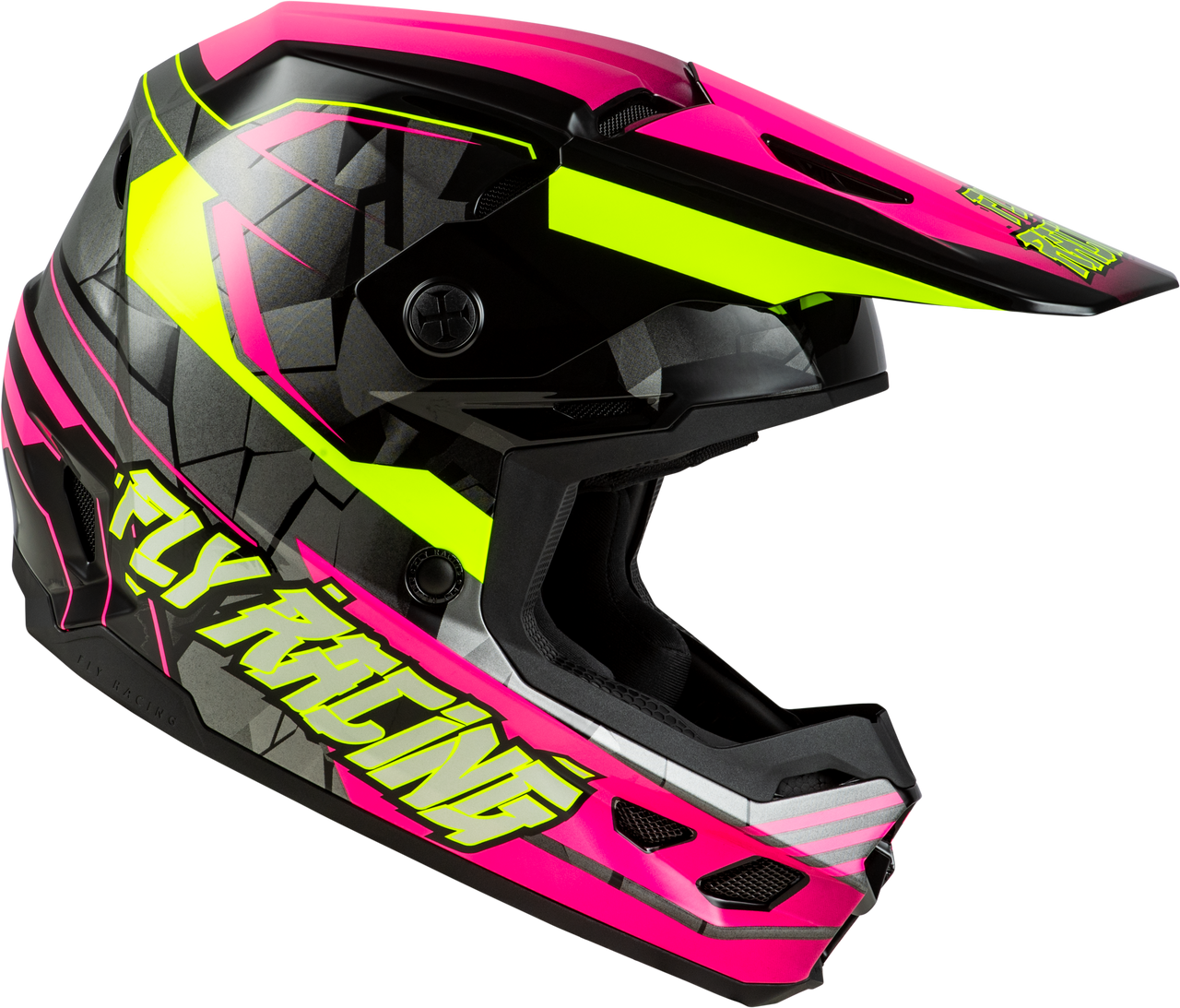 FLY Racing 2025 Youth Kinetic Scorched Helmet Neon Pink/Hi-Vis/Black