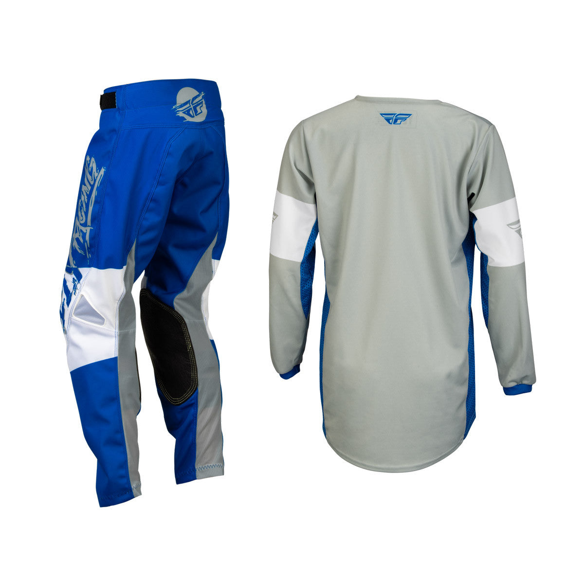 FLY Racing 2024 Youth Kinetic Khaos Jersey Pant Combo Light Grey/Blue/White