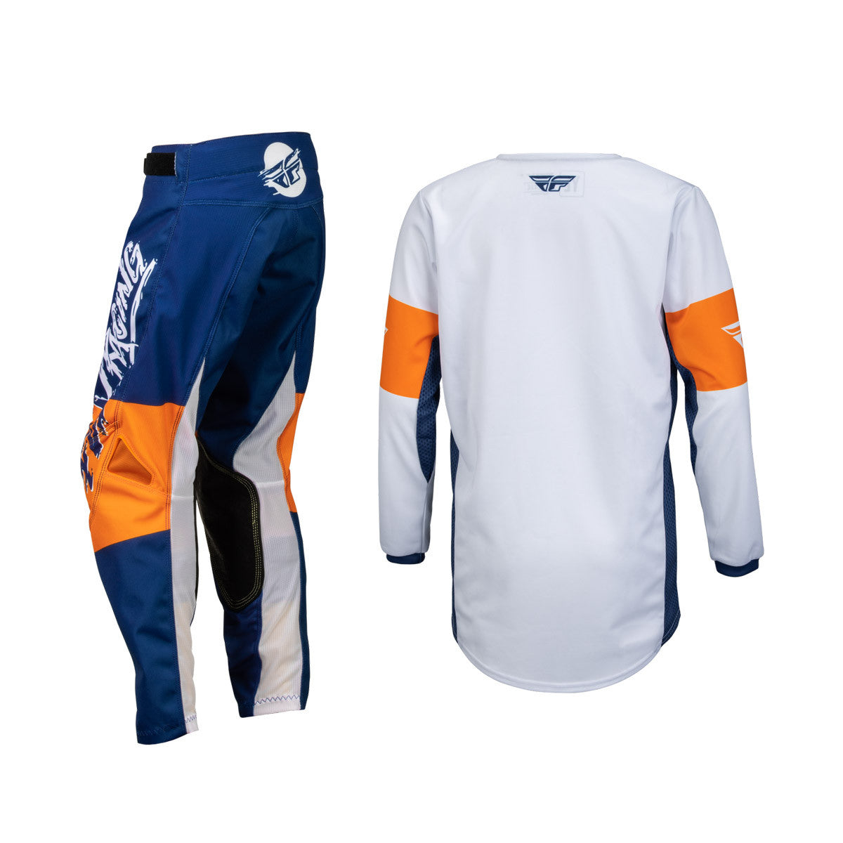 FLY Racing 2024 Youth Kinetic Khaos Jersey Pant Combo White/Navy/Orange