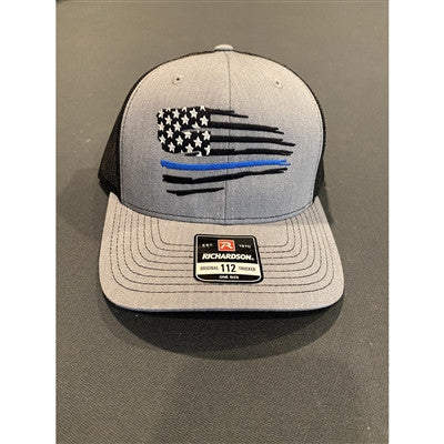 Motocrossgiant Distressed Tattered US Flag Thin Blue Line Snapback Trucker Hat - Heather Grey/Black