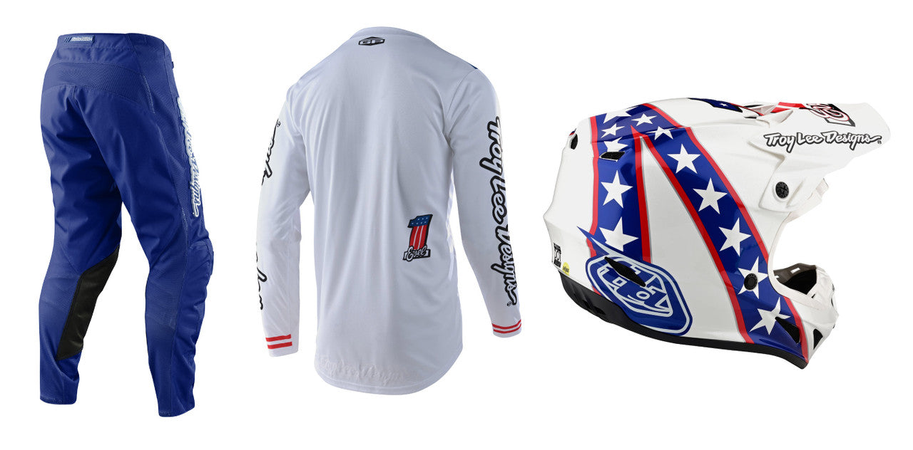 Troy Lee Designs Limited Edition GP Evel Knievel Jersey Pant SE4 Helmet Combo White/Blue