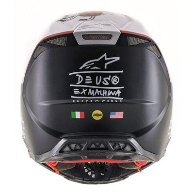 deus ex machina motorcycle helmet Alpinestars Limited Edition Deus Ex Machina Supertech M8 Offroad MIPS Helmet Black/White/Red available at Motocross Giant – Motocrossgiant