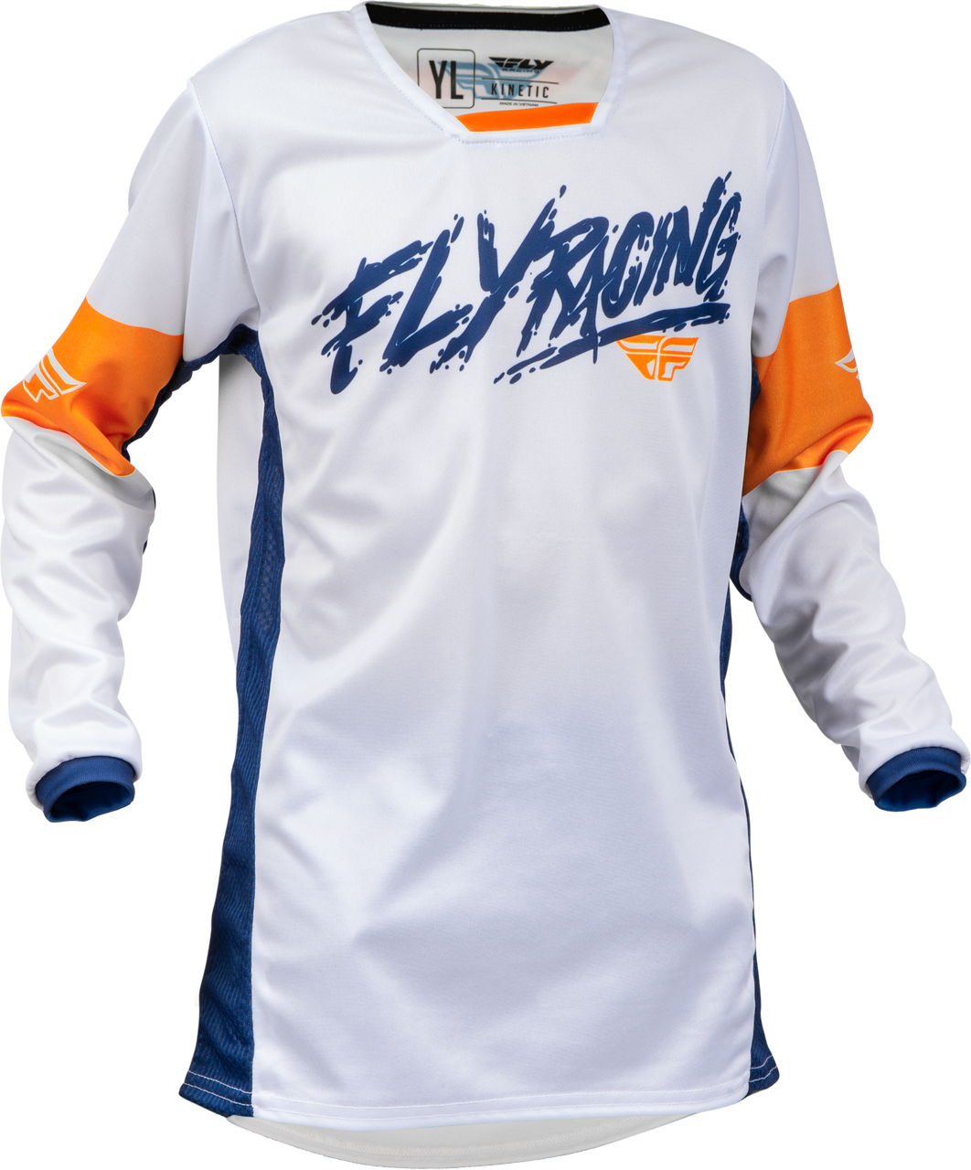 FLY Racing 2023 Youth Kinetic Khaos Jersey White/Navy/Orange