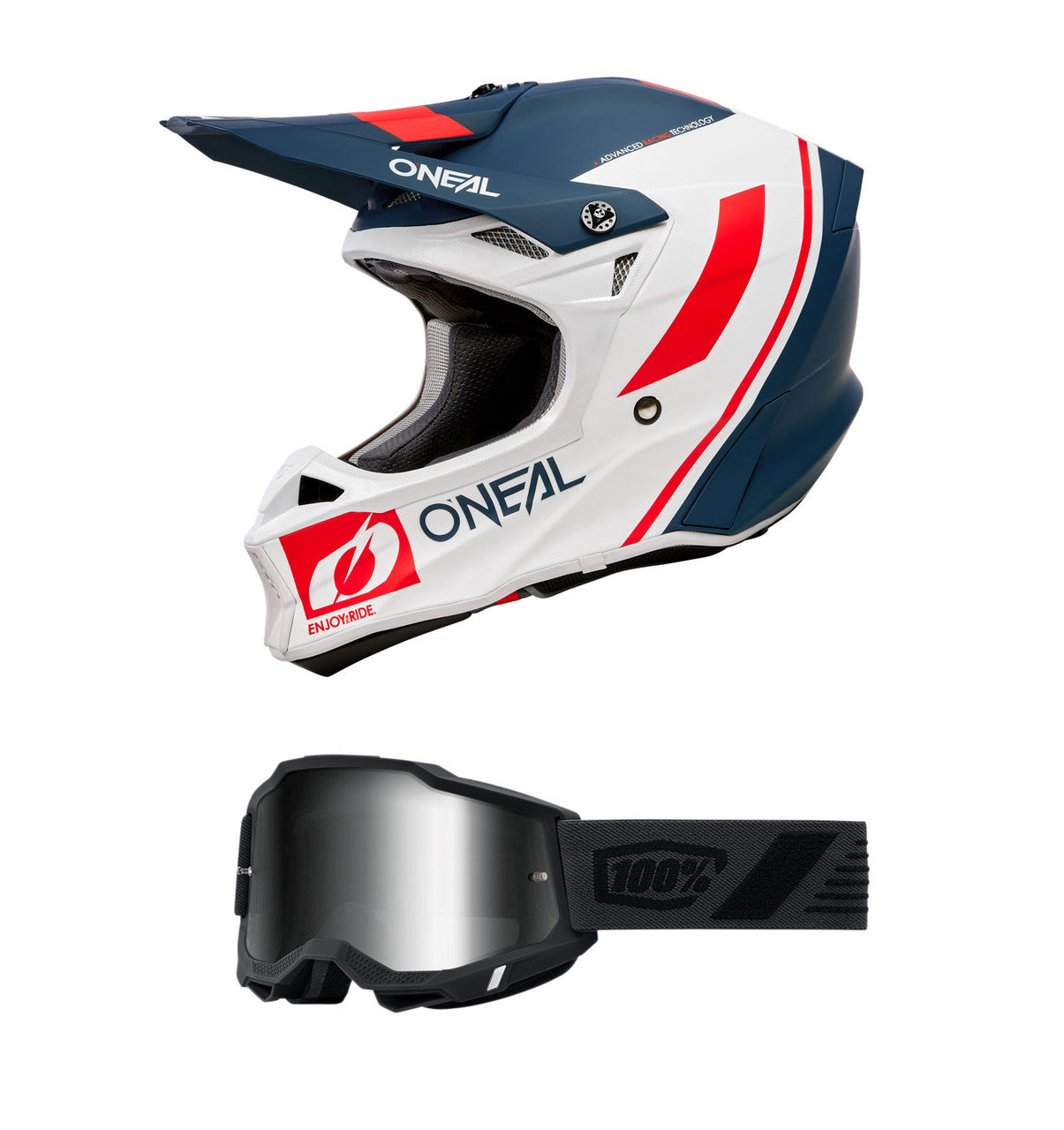 O'Neal 2024 10 Series Hyperlite Flow V.23 Helmet and Goggle Combo Blue/White/Red