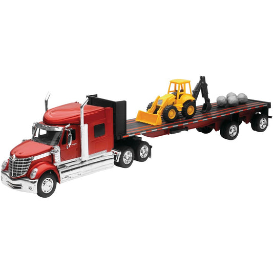 New Ray Toys 1:32 Scale International Lonestar Flatbed with Construction Vehicle & Rocks