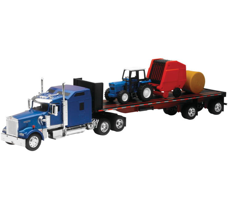 New Ray Toys 1:32 Scale Kenworth W900 Flatbed with Farm Tractor and Haybale