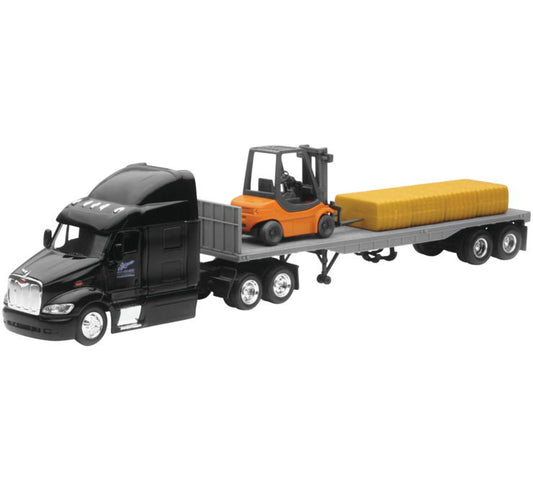 New Ray Toys 1:43 Scale Peterbilt 387 Flatbed with Forklift and Hay Bale