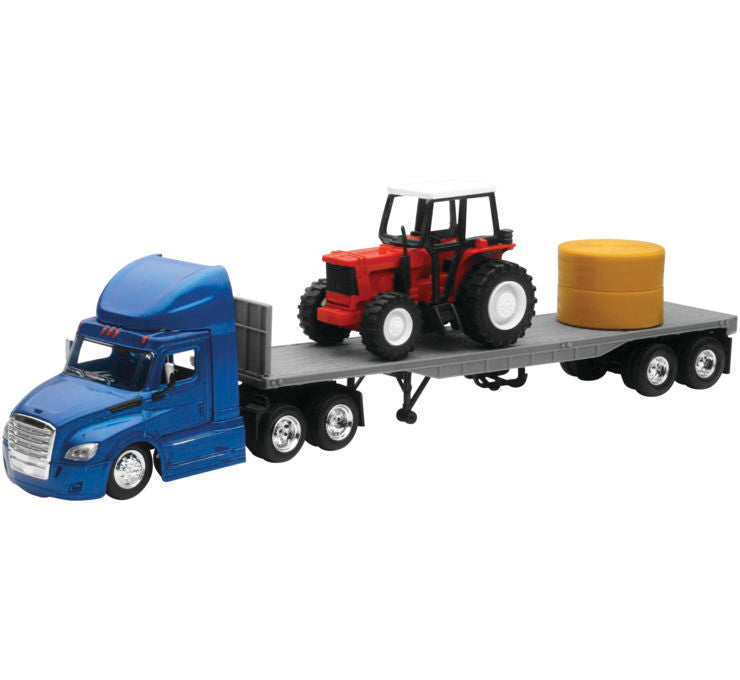 New Ray Toys 1:43 Scale Freightliner Cascadia Flatbed with Farm Tractor and Round Hay
