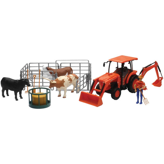 New Ray Toys 1:18 Scale L6060 Tractor with Ranch Cow Set
