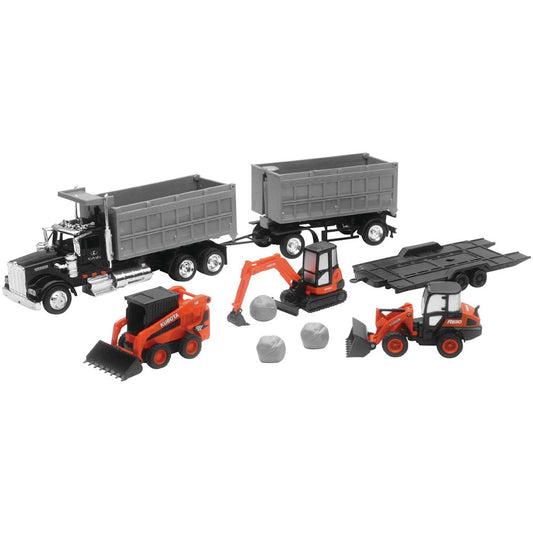New Ray Toys 1:43 Scale Kubota Construction Vehicles with Kenworth W900 Dump Truck Set