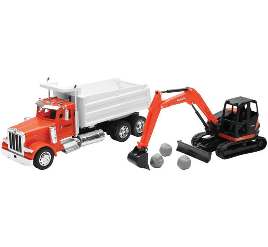 New Ray Toys 1:32 Scale Peterbilt 379 Dump Truck with Kubota Excavator