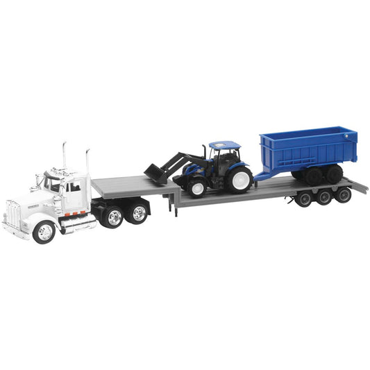 New Ray Toys 1:43 Scale Kenworth W900 Lowboy with New Holland T6 and Trailer