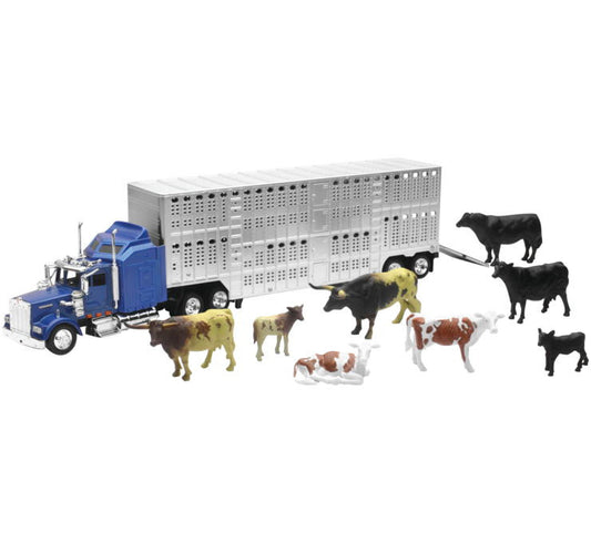 New Ray Toys Kenworth W900 Livestock Hauler with Farm Animals Set