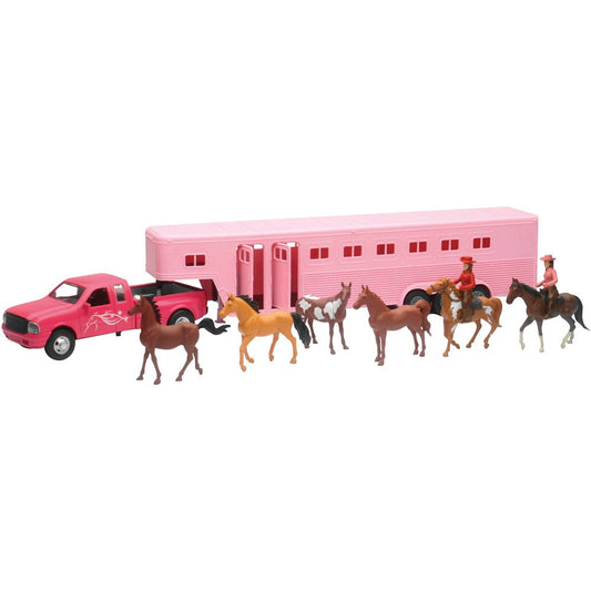 New Ray Toys Pink Pickup with Fifth Wheel Horse Trailer Set