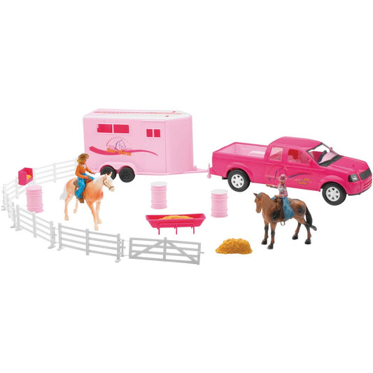 New Ray Toys Pickup with Trailer, Fencing and Horses, Pink