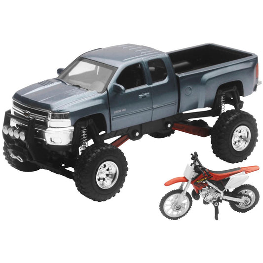 New Ray Toys 1:32 Scale Truck And Dirt Bike Sets Grey Chevy w/CR250