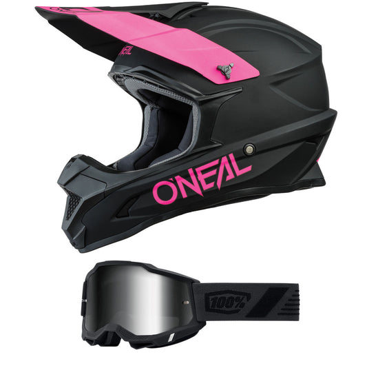 O'Neal 2024 Womens 1 Series Solid Helmet and Goggle Combo Black/Pink