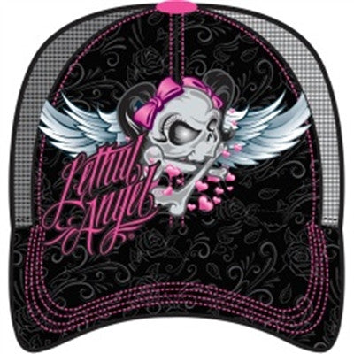 Lethal Threat 2017 Womens Lethal Angel Skull Trucker Hat - Black/Pink