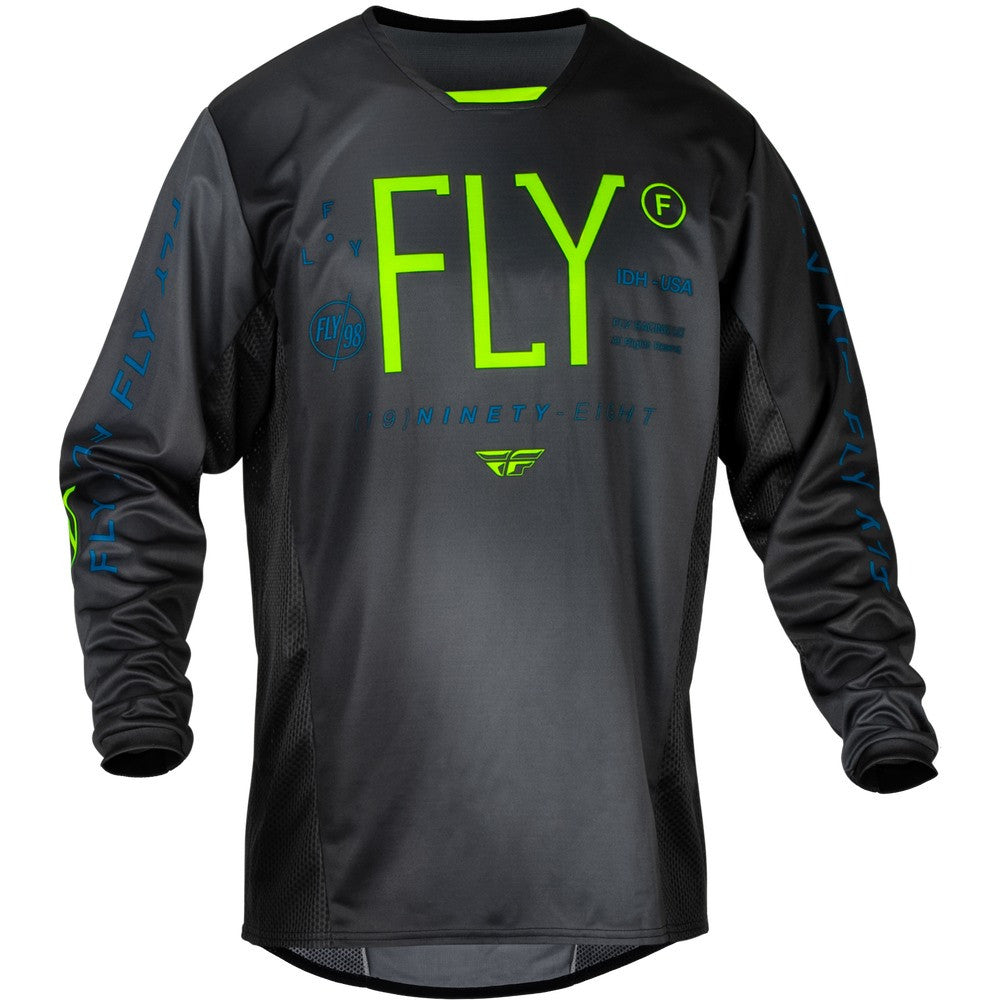 FLY Racing 2024 Youth Kinetic Prodigy Jersey Pant Combo Charcoal/Neon Green/True Blue
