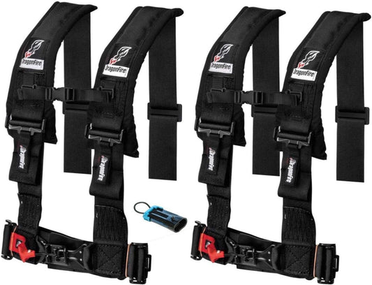 Dragonfire Racing (Set of 2) 4-Point 3" H-Style Harness With Sternum Clip Black with Polaris/Can-Am Bypass Override Connector