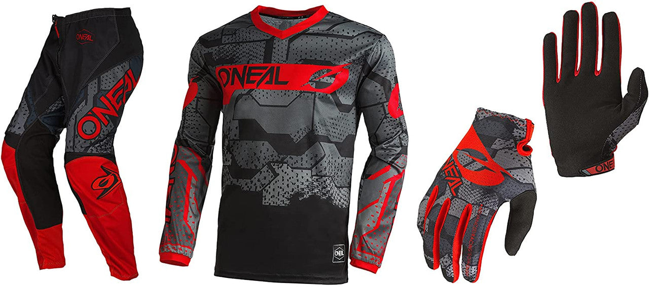 Oneal 2022 Element Camo Black/Red Jersey Pant Matrix Camo Gloves Combo