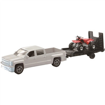 New Ray Toys 1:43 Scale White Chevy Truck with Trailer and Honda ATV