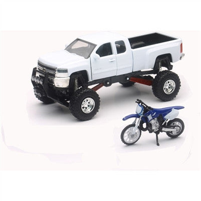 New Ray Replica 1:43 Scale Truck/Race Bike Chevy White/Yamaha Bike Blue