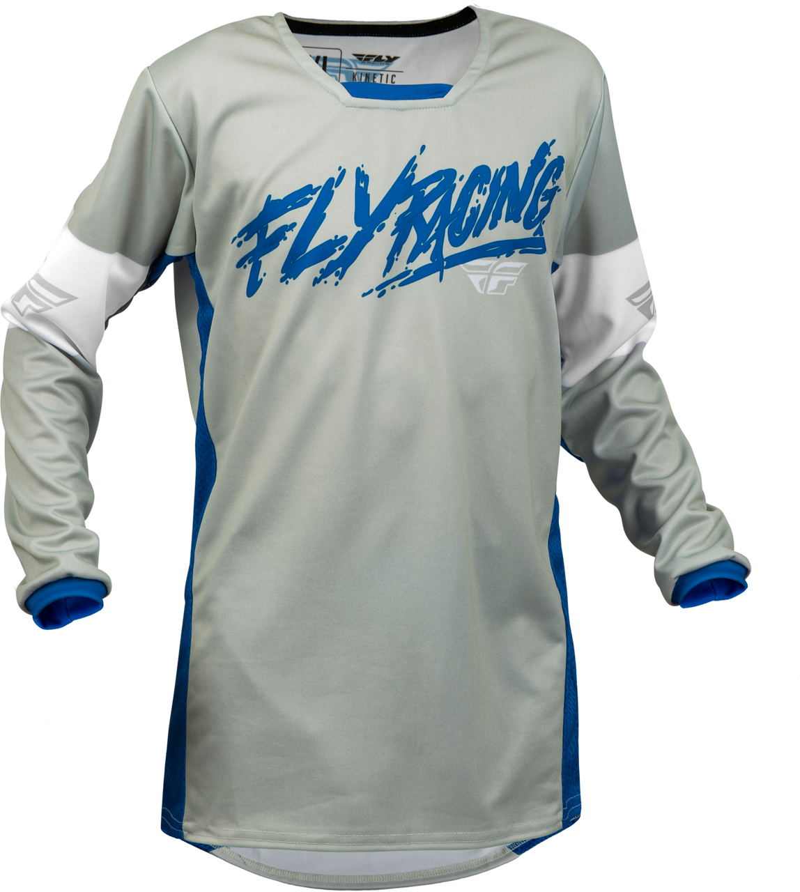 FLY Racing 2023 Youth Kinetic Khaos Jersey Light Grey/Blue/White
