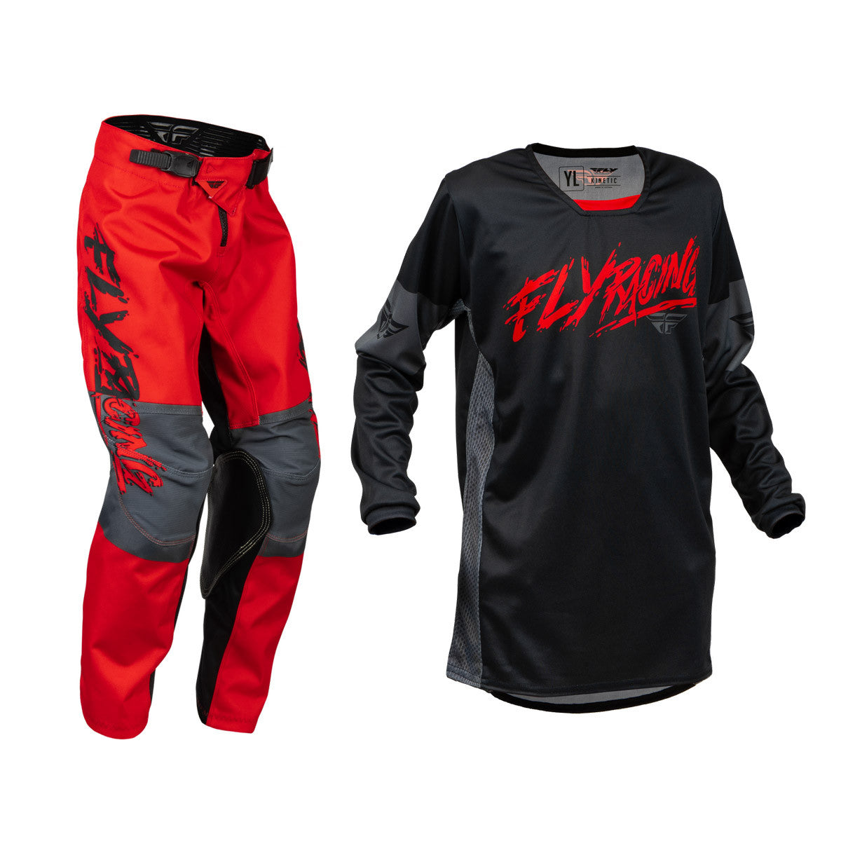 FLY Racing 2024 Youth Kinetic Khaos Jersey Pant Combo Black/Red/Grey