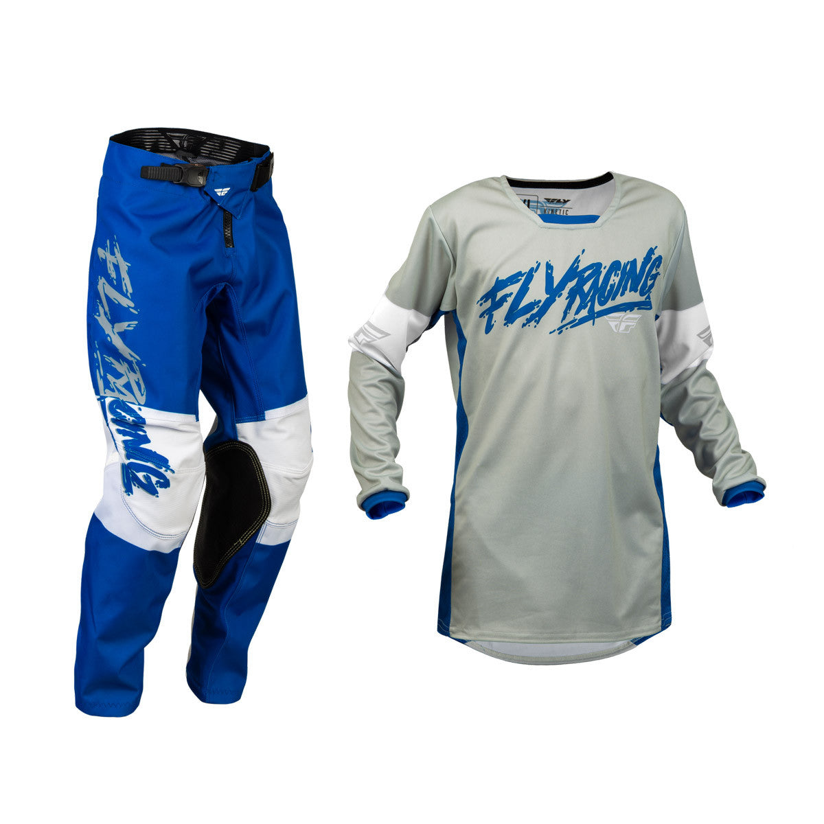 FLY Racing 2024 Youth Kinetic Khaos Jersey Pant Combo Light Grey/Blue/White