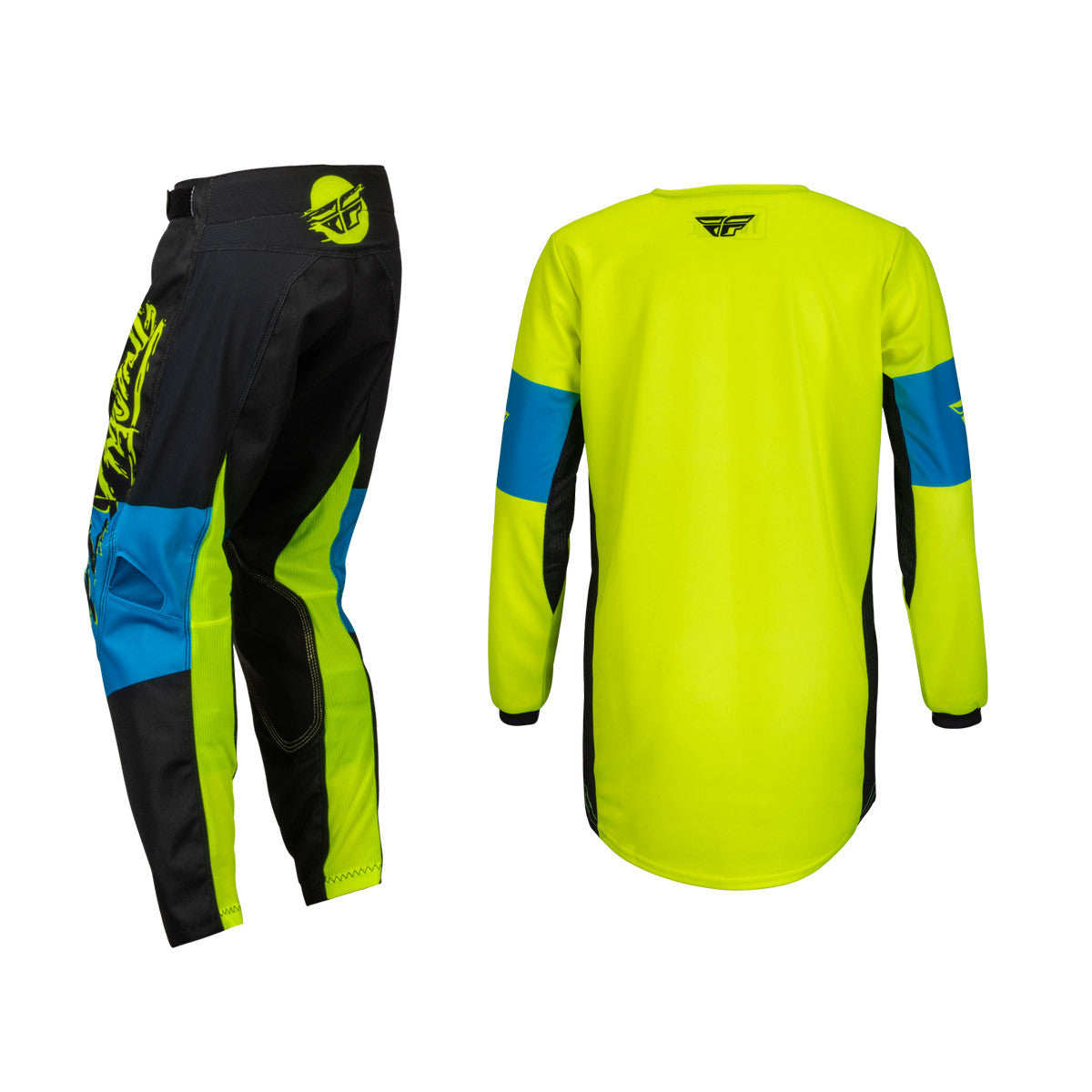 FLY Racing 2024 Youth Kinetic Khaos Jersey Pant Combo Hi-Vis/Black/Cyan