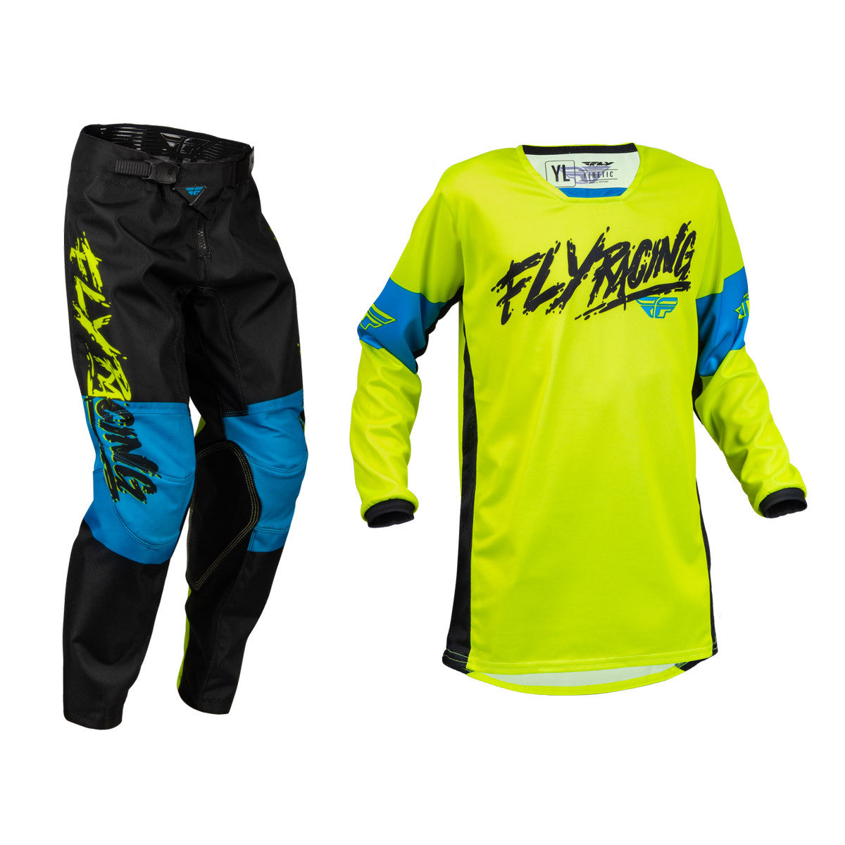 FLY Racing 2024 Youth Kinetic Khaos Jersey Pant Combo Hi-Vis/Black/Cyan