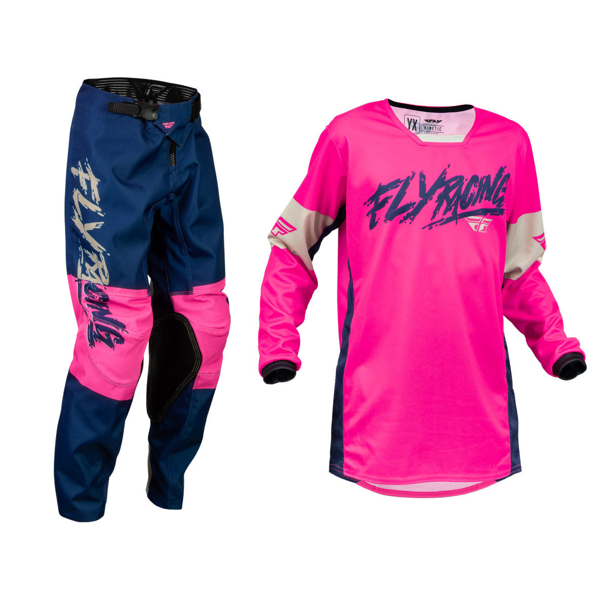 FLY Racing 2024 Youth Kinetic Khaos Jersey Pant Combo Pink/Navy/Tan