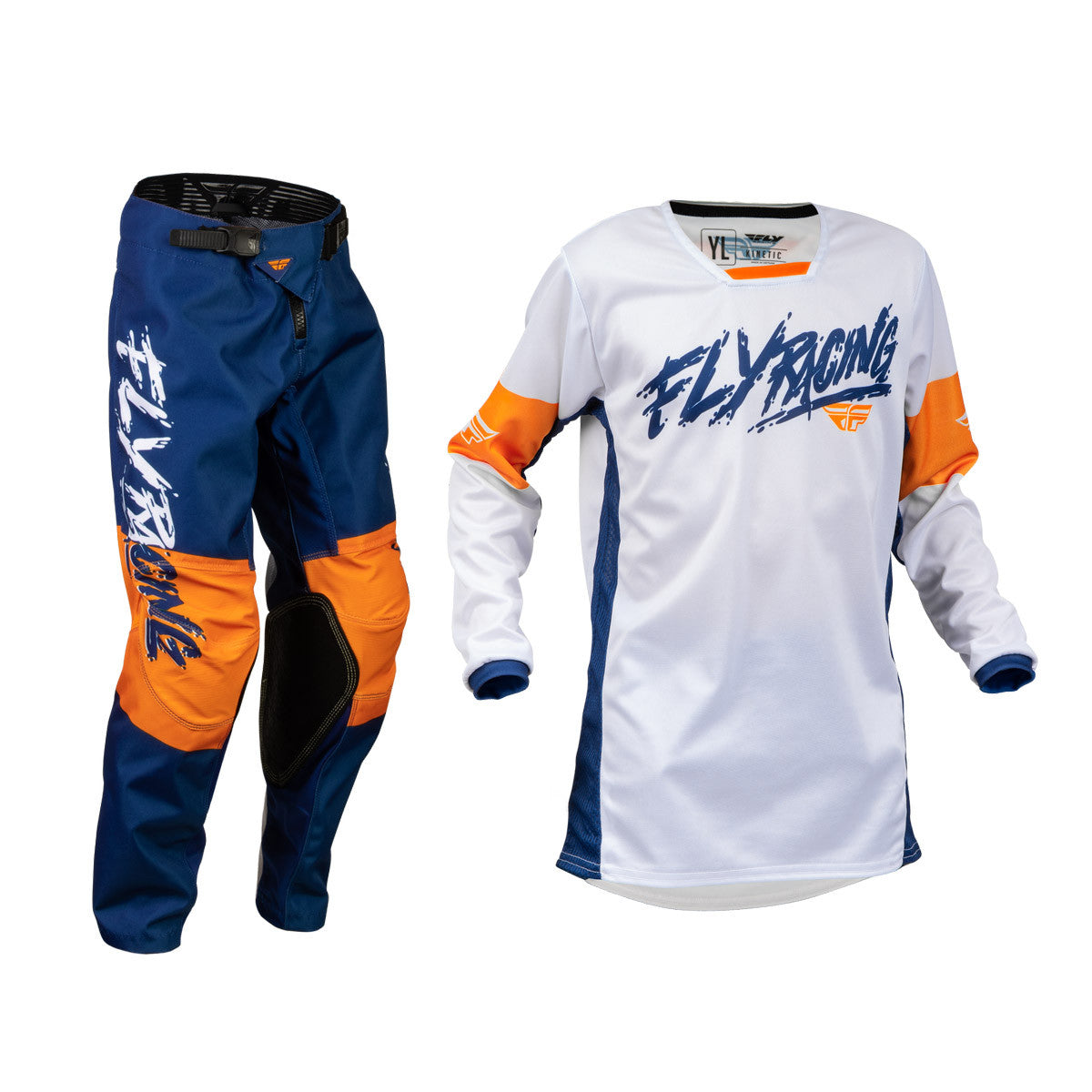 FLY Racing 2024 Youth Kinetic Khaos Jersey Pant Combo White/Navy/Orange