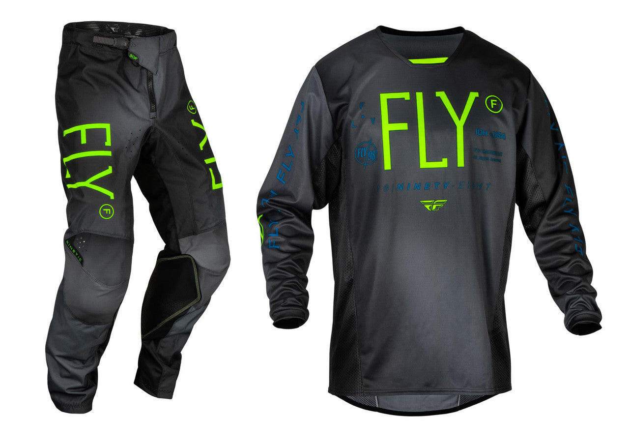 FLY Racing 2024 Youth Kinetic Prodigy Jersey Pant Combo Charcoal/Neon Green/True Blue
