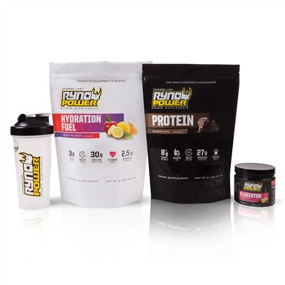 Ryno Power Essentials Package (Gladiator, Hydration Fuel Fruit Punch, Chocolate Protein and Blender Bottle)