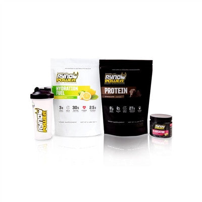 Ryno Power Essentials Package (Gladiator, Hydration Fuel Lemon Lime, Chocolate Protein and Blender Bottle)