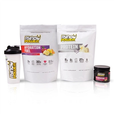 Ryno Power Essentials Package (Gladiator, Hydration Fuel Fruit Punch, Vanilla Protein and Blender Bottle)