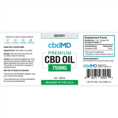 cbdMD Oil Tincture Drops 30mL Berry 750mg