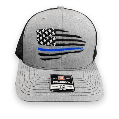 Motocrossgiant Distressed Tattered US Flag Thin Blue Line Snapback Trucker Hat - Heather Grey/Black