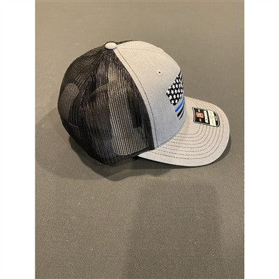Motocrossgiant Distressed Tattered US Flag Thin Blue Line Snapback Trucker Hat - Heather Grey/Black