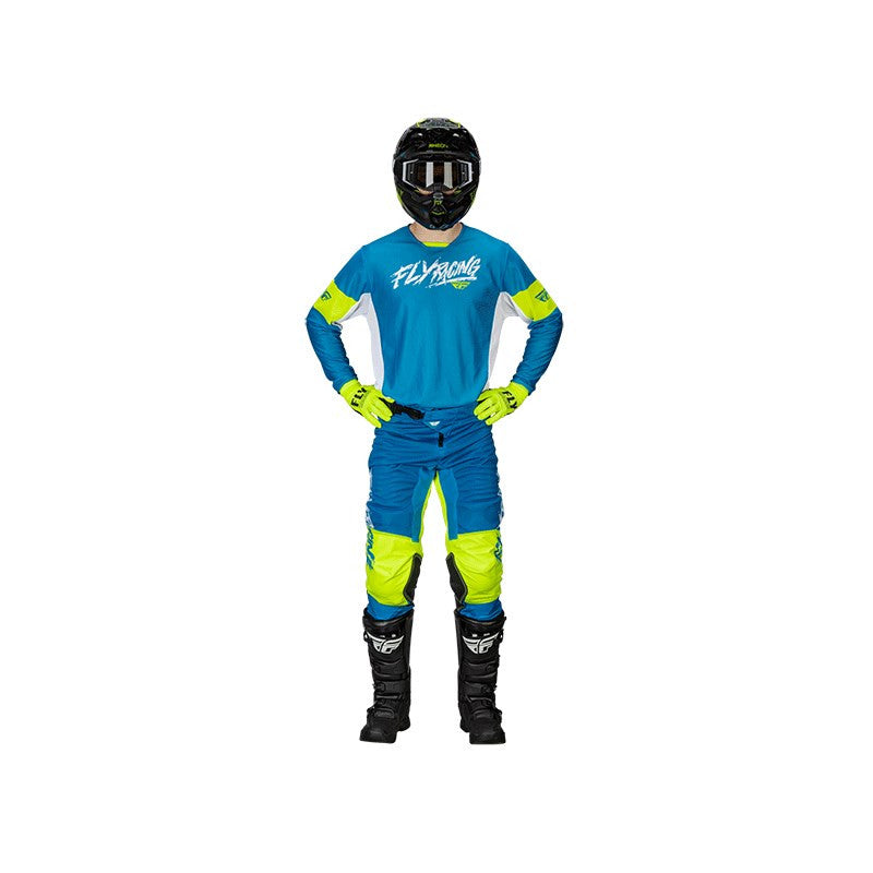 FLY Racing 2024 Youth Kinetic Mesh Khaos Jersey Pant Combo - Blue/White/Hi-Vis