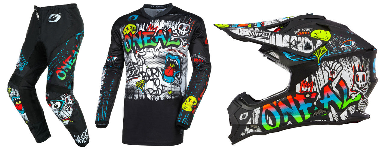 O'Neal 2024 Youth Element Rancid Jersey Pant and Offroad 2 SRS Helmet Combo Black/White