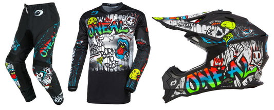 O'Neal 2024 Youth Element Rancid Jersey Pant and Offroad 2 SRS Helmet Combo Black/White